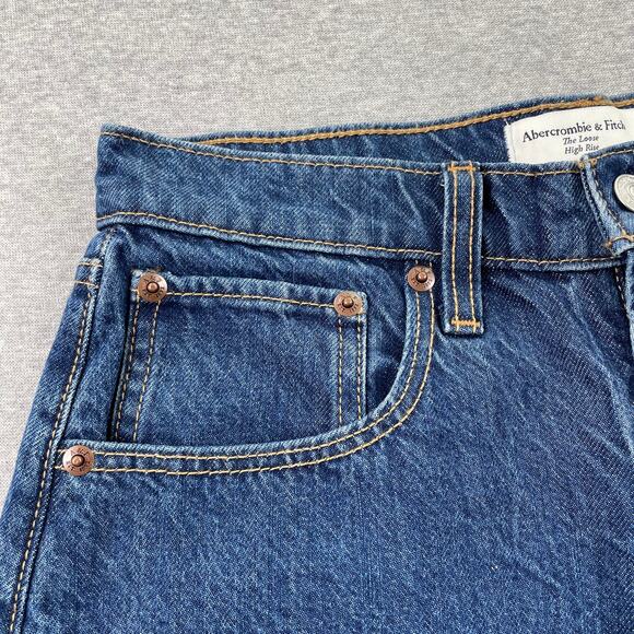 Abercrombie & Fitch High Rise Loose Jeans Women 26 Short Blue Dark Wash Cuff Hem - Picture 12 of 16